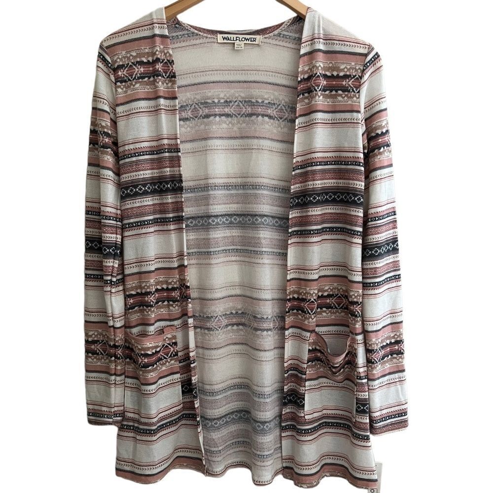 NWT🏷 Boho Cardigan Navaho Cream, Pink & grey long w/pockets Sz S lightweight